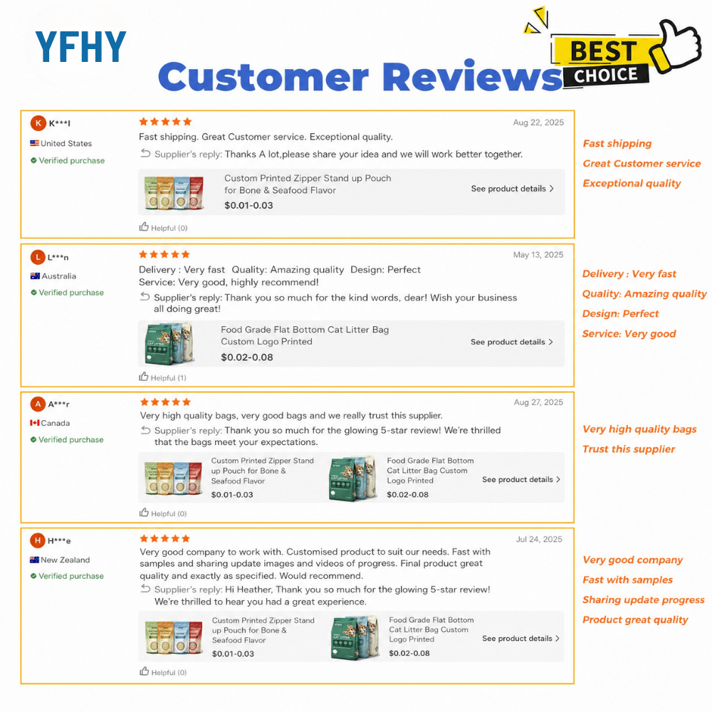 Positive reviews from customers on plastic bags