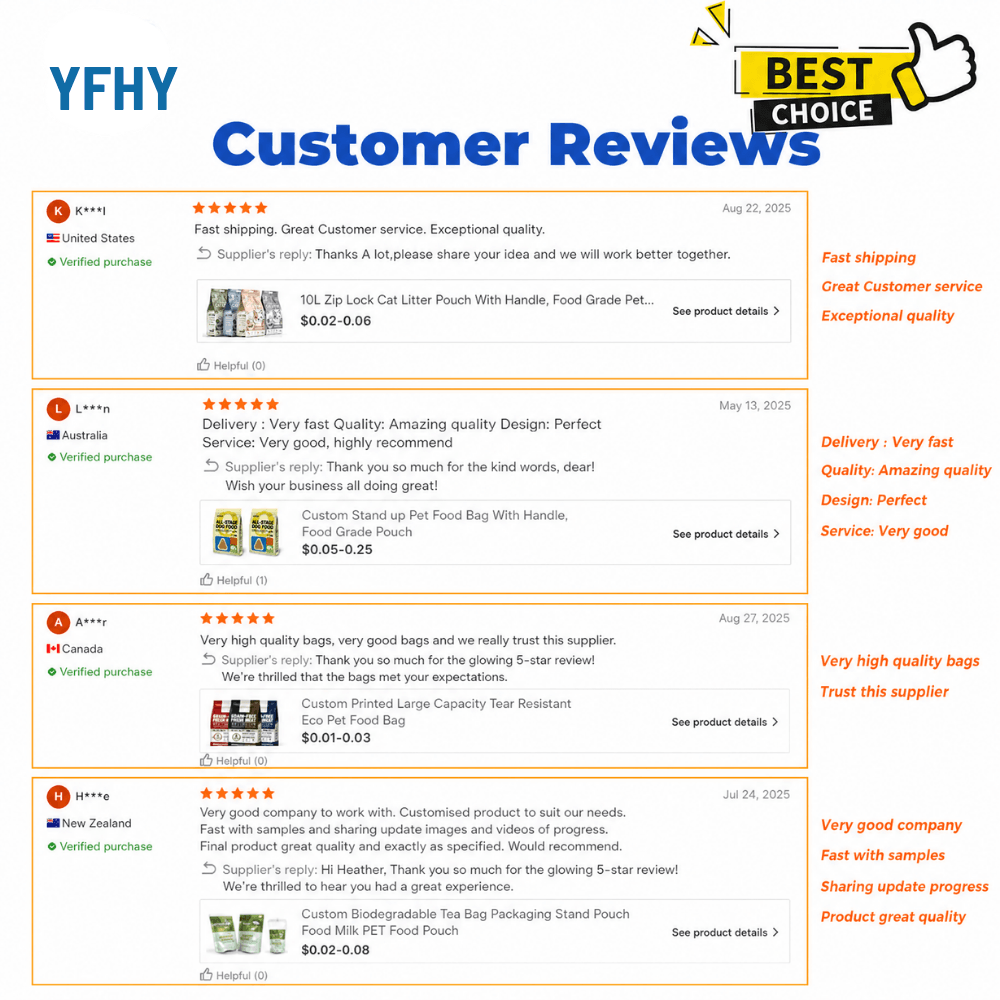 Positive reviews from customers on plastic bags