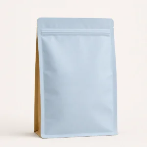 Unbranded pale blue and kraft cashew snack pouch with zipper