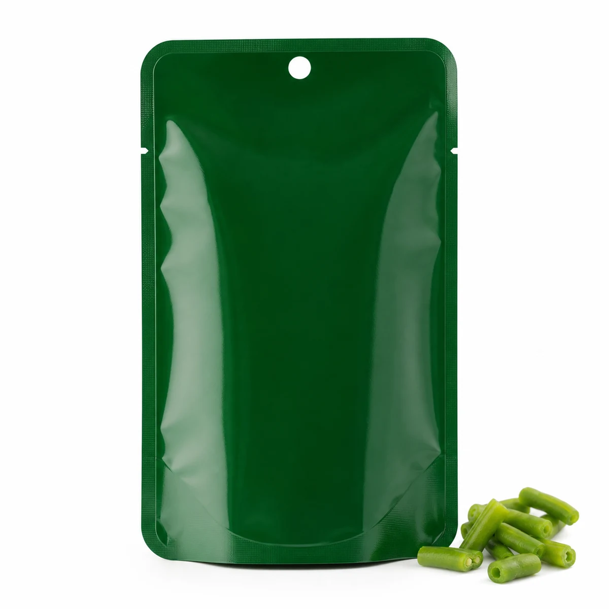 Unbranded green snack sachet pouch with hang hole and green beans