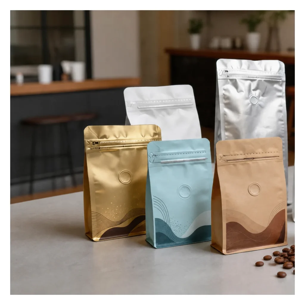 custom flat bottom coffee pouches with valve