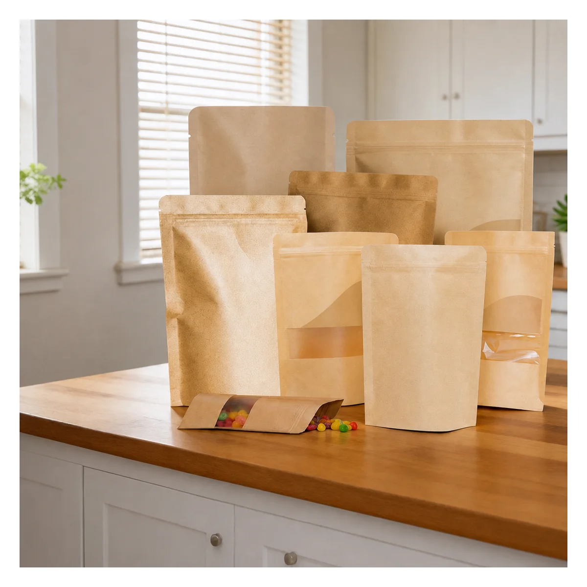 kraft paper stand up snack pouches with window