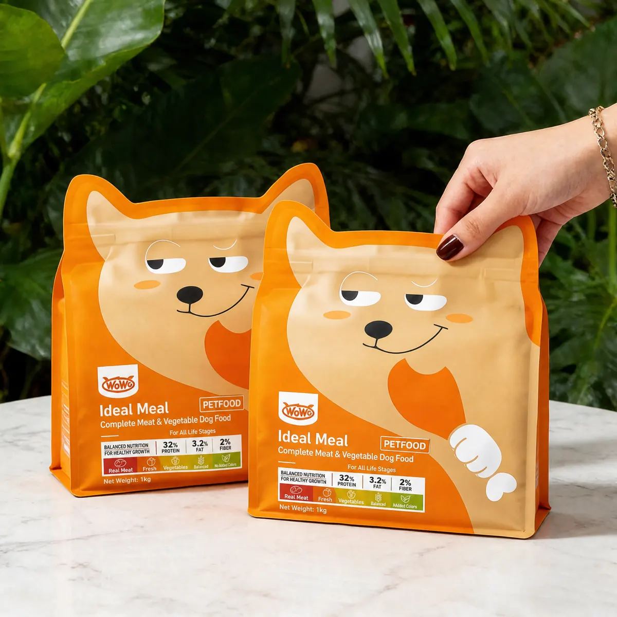 Custom logo square bottom pet dog food pouch with euro hook hang tab