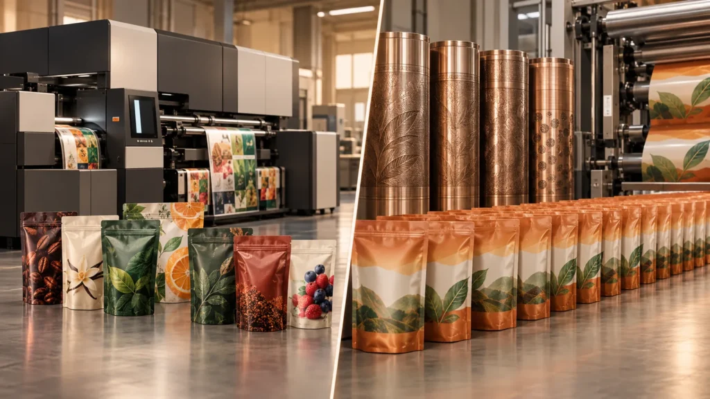 Digital printing compared with gravure printing for custom flexible packaging pouches