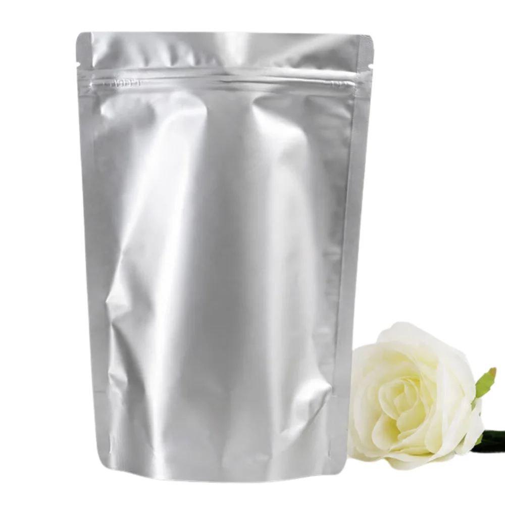 Custom matte silver stand-up pouch with no window and resealable zipper for coffee and tea